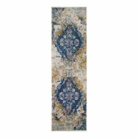 596429 Vienne Vintage Faded Medallion Ivory and Navy Area Rug Runner 2'2 x7'7