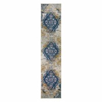 596437 Vienne Vintage Faded Medallion Ivory and Navy Area Rug Runner 2'2 x10'