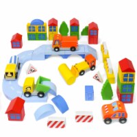 Kidzlane 50 Pc Wooden Construction Blocks Set - Storage Bucket, Vehicles, Bridge & More!