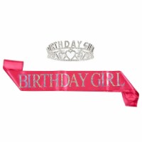 Pink Birthday Girl Rhinestone Tiara Birthday Sash Set for Gift Party Supplies and Decorations