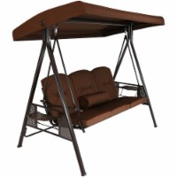 Sunnydaze 3-Person Steel Patio Swing Bench with Side Tables/Canopy - Brown