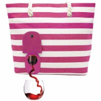 PortoVino Pink Stripes Tote Beach Bag - Canvas Wine Purse w/ Hidden Spout & Dispenser Flask