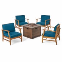 Noble House Havana 5 Piece Outdoor Acacia Wood Chair and Firepit Set in Blue