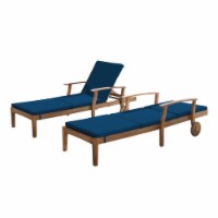 Noble House Perla Outdoor Teak Chaise Lounge with Blue Cushion (Set of 2)