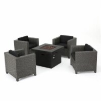 Noble House Puerta 5 Piece Outdoor Wicker Chair and Firepit Set in Dark Gray