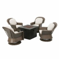 Noble House Colosseum 5 Piece Outdoor Swivel Chair and Firepit Set in Brown