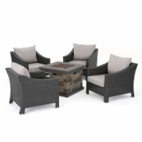 Noble House Antibes 5 Piece Outdoor Wicker Chair and Firepit Set in Stone