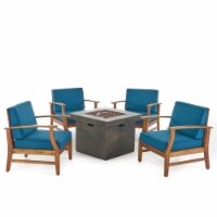 Noble House Kourtney 5 Piece Outdoor Acacia Wood Chair and Firepit Set in Blue