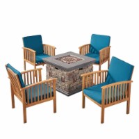 Noble House Carolina 5 Piece Outdoor Acacia Wood Chair and Firepit Set in Teal