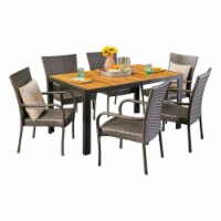 Noble House Tyburn 7 Piece Outdoor Acacia Wood and Wicker Dining Set in Teak