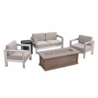 Noble House Albion 4-Seater Aluminum Chat Set w/Fire Pit in Silver/Khaki/Brown
