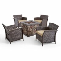 Noble House St. Lucia 5 Piece Outdoor Wicker Chair and Firepit Set in Brown