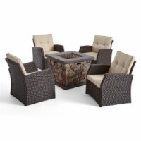 Noble House St. Marta 5 Piece Outdoor Wicker Chair and Firepit Set in Dark Brown