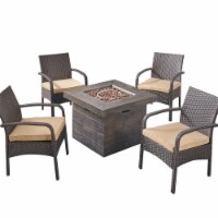 Noble House Cordoba 5 Piece Outdoor Wicker Chair and Firepit Set in Brown