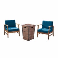 Noble House Perla 3 Piece Outdoor Acacia Wood Chair and Firepit Set in Blue