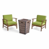 Noble House Perla 3 Piece Outdoor Acacia Wood Chair and Firepit Set in Green