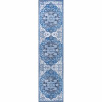 Maris Ornate Medallion Washable Blue/Navy Runner Rug