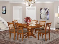 East West Furniture Avon 7-piece Wood Dining Set with Linen Seat in Saddle Brown