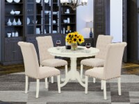 5Pc Dining Set -Round Table & Four Chairs with Light Beige Fabric, Linen White