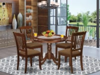 5Pc Dining Set -Round Table & Four Vertical Slatted Linen Seat Chairs, Mahogany
