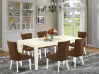 7Pc Dinette Set -table with & Six Chairs with Dark Coffee Fabric, Linen White