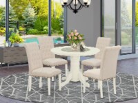 5Pc Dining Set -Round Table & Four Chairs with Light Beige Fabric, White