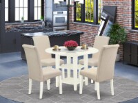 5Pc Dining Set -Round table & Four Chairs with Cream Fabric, Linen White