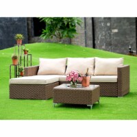 3Pc Brown Wicker Outdoor-Furniture Sectional Sofa Set Linen Cushion, Medium
