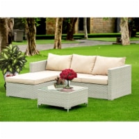 3Pc Natural Color Wicker Outdoor-Furniture Sectional Sofa Set Linen Cushion, Medium