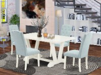 5-Pc Table Set- 4 Chairs - Rectangular Table Top & Wooden Legs - Linen White