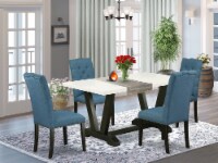 5-Piece Table Set Linen White Table Top & 4 Chairs , Wire Brushed Black