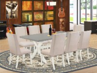 X097FL201-9 9-Piece Table Set a Cement Color Table Top & 8 Chairs, Linen White