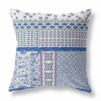 Flower Castle Patchwork Indoor/Outdoor Fabric Pillow with Zip -White Blue 16x16