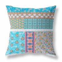 Flower Castle Patchwork Suede Blown & Closed Pillow W/Insert, Turquoise & White