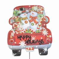 Christmas Snowman Truck Charm Yard Metal Red Pick-Up C22003