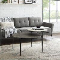Reese Round Two Tier Coffee Table, 30 Inch, Faux Light Grey Marble & Cerused Ash