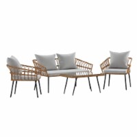 Evin Boho 4 Piece Indoor/Outdoor Rope Rattan Patio Conversation Set with Tempered Glass To
