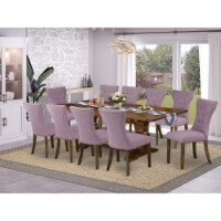 Kitchen Table and 10 Linen Fabric Chairs with Button Tufted Back - Antique Walnut Finish
