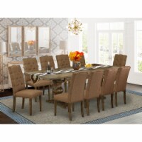 11-pc Dining Room Table and 10 Brown Linen Fabric Chairs with Button Back Jacobean Finish