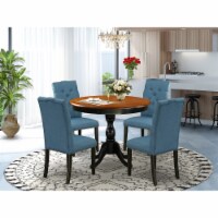 5-pc Dining Table set Round Dining Table and 4 Blue  Chairs with Button Back - Black Finish