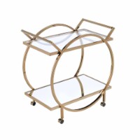 Metal Serving Cart with Mirrored Open Shelf and Tubular Angled Handles, Gold and Clear-