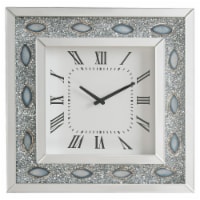 20 Inch Analog Wall Clock, White Mirror Panel Frame, Faux Crystals Inlay