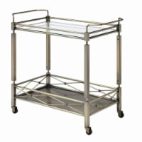 Two Tiered Metal Serving Cart with Glass Shelves and Side Rails, Antique Gold- Saltoro Sherpi