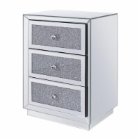 Three Drawers Wooden Nightstand with Mirrored Paneling and Faux Crystal Inlay, Clear- Saltoro