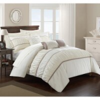 10-Piece Aero Pleated & Ruffled Bed in a Bag Comforter and Sheet Set Beige Queen