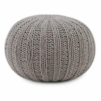Simpli Home Shelby Boho Round Hand Knit Pouf in Dove Gray Cotton