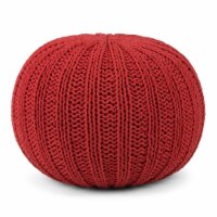 Simpli Home Shelby Boho Round Hand Knit Pouf in Candy Red Cotton