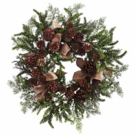 Nearly Natural 4888 24 in. Pine & Pine Cone Wreath With Burlap Bows