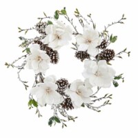 Nearly Natural 4185 24 in. Snowed Magnolia & Pine Cone Wreath