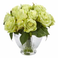 Nearly Natural 1539-GR 9 in. Rose Artificial Floral Arrangement in Elegant Glass Vase, Green